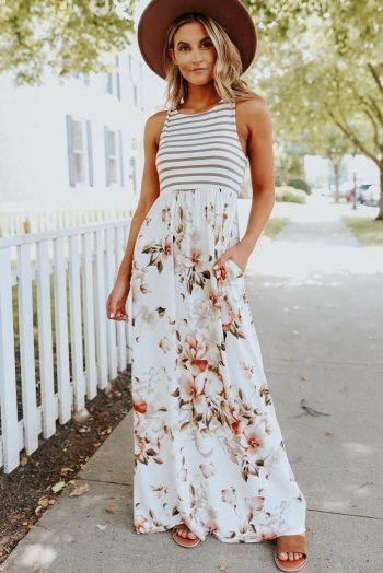 Maxi Dresses | Women White Boho Stripes & Floral Print Floor Length Tank Dress