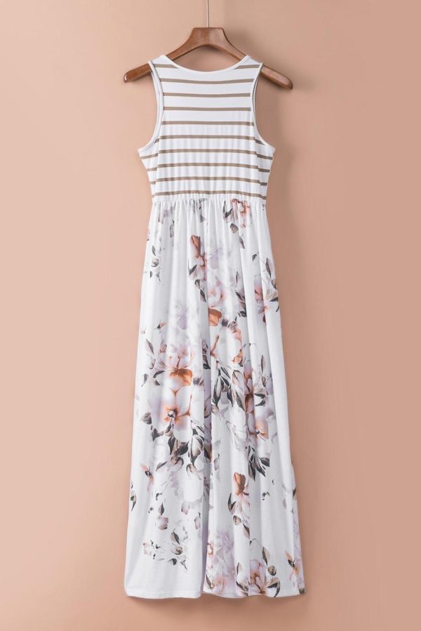 Maxi Dresses | Women White Boho Stripes & Floral Print Floor Length Tank Dress - Image 4