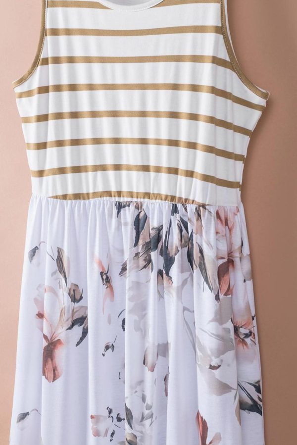 Maxi Dresses | Women White Boho Stripes & Floral Print Floor Length Tank Dress - Image 7