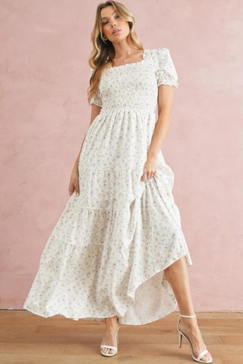 Maxi Dresses | Women White Frill Neckline Shirred Bodice Floral Maxi Dress