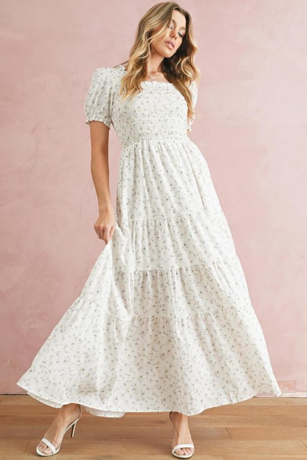 Maxi Dresses | Women White Frill Neckline Shirred Bodice Floral Maxi Dress - Image 2
