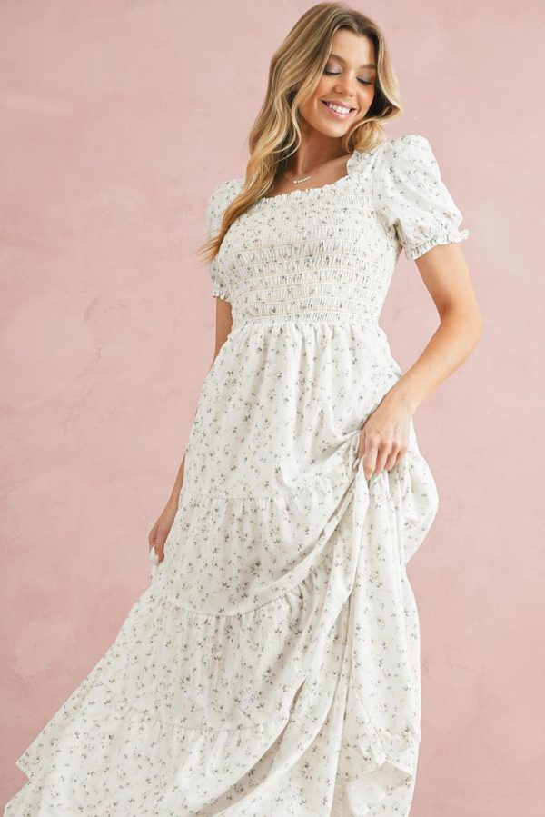 Maxi Dresses | Women White Frill Neckline Shirred Bodice Floral Maxi Dress - Image 4