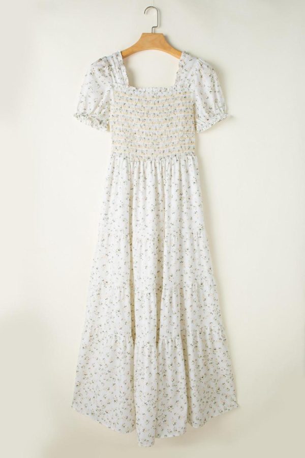Maxi Dresses | Women White Frill Neckline Shirred Bodice Floral Maxi Dress - Image 5