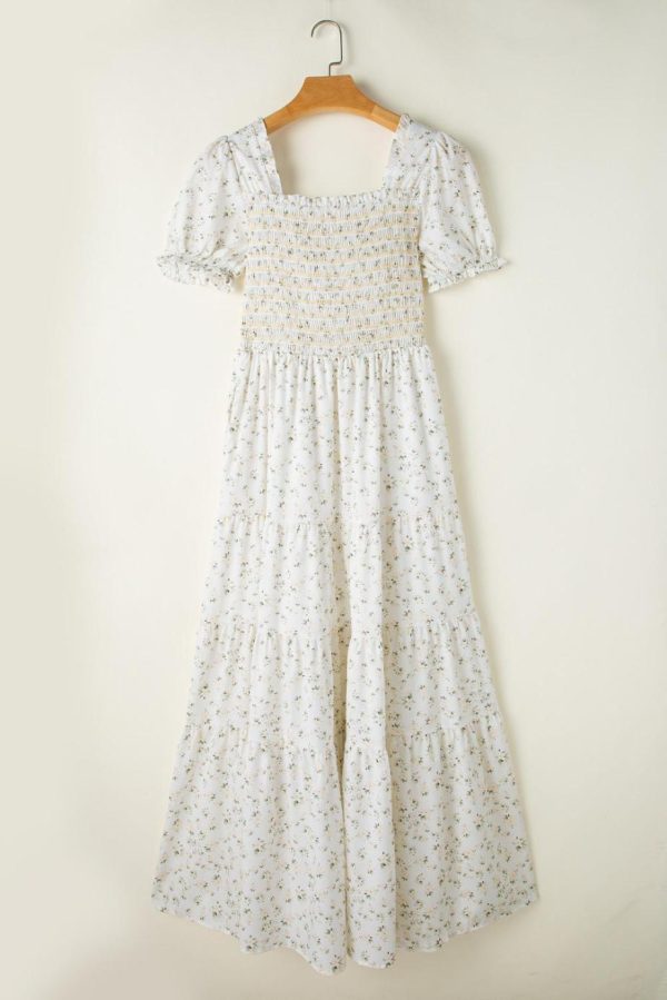 Maxi Dresses | Women White Frill Neckline Shirred Bodice Floral Maxi Dress - Image 6