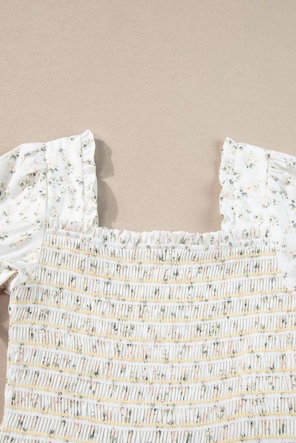 Maxi Dresses | Women White Frill Neckline Shirred Bodice Floral Maxi Dress - Image 7