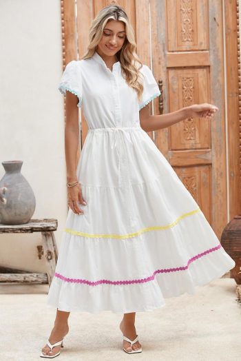 Maxi Dresses | Women White High Waist Short Sleeve Tiered Shirt Dress