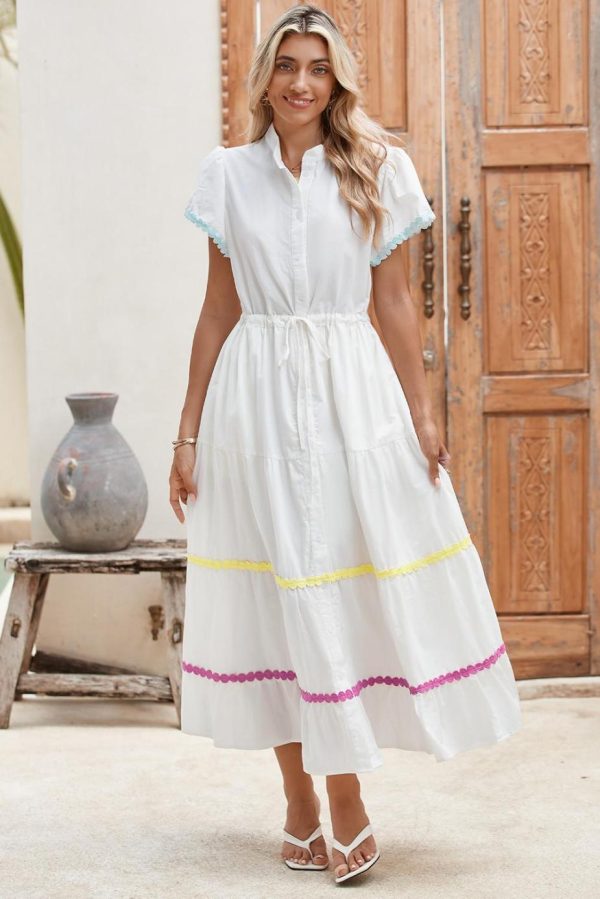 Maxi Dresses | Women White High Waist Short Sleeve Tiered Shirt Dress - Image 2