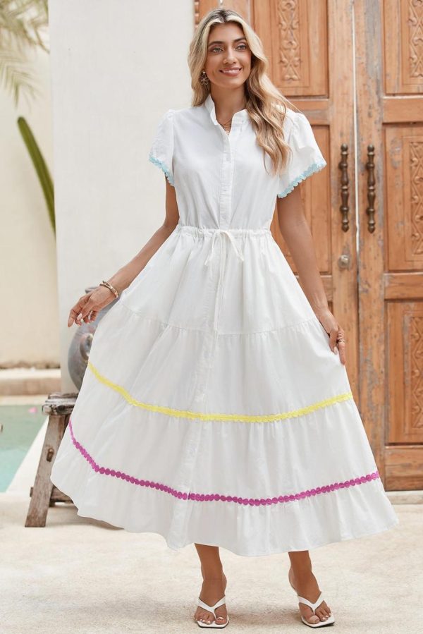 Maxi Dresses | Women White High Waist Short Sleeve Tiered Shirt Dress - Image 3