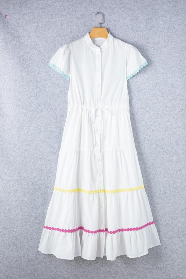 Maxi Dresses | Women White High Waist Short Sleeve Tiered Shirt Dress - Image 5