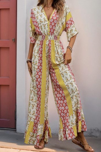 Maxi Dresses | Women Yellow Boho V Neck Half Sleeve Patchwork Maxi Dress