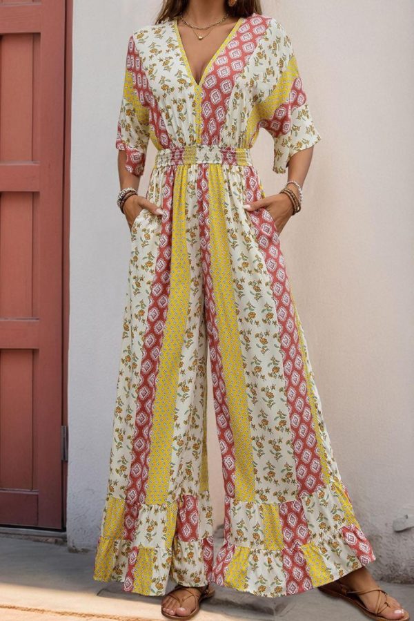Maxi Dresses | Women Yellow Boho V Neck Half Sleeve Patchwork Maxi Dress - Image 2
