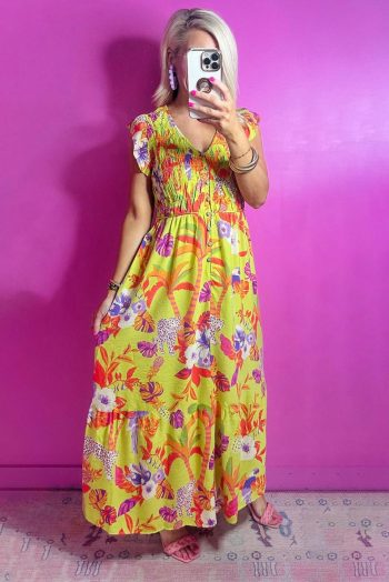 Maxi Dresses | Women Yellow Cheetah Tropical Print Shirred Button V Neck Maxi Dress