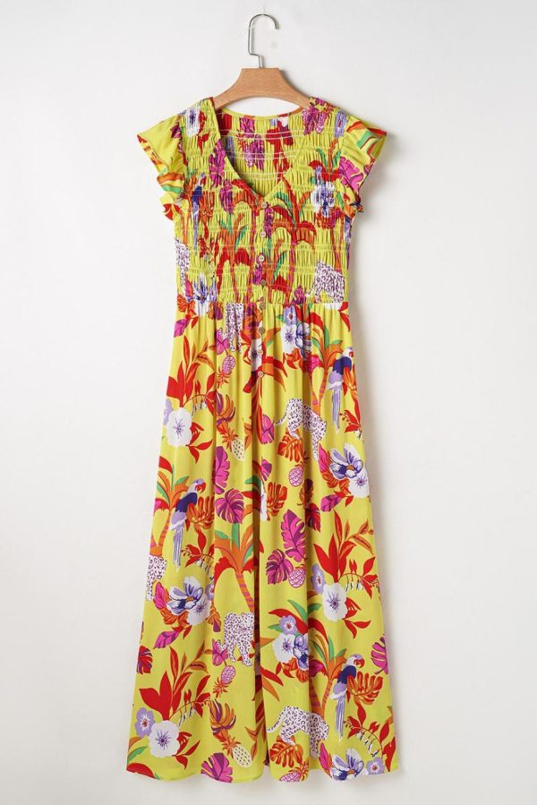 Maxi Dresses | Women Yellow Cheetah Tropical Print Shirred Button V Neck Maxi Dress - Image 2