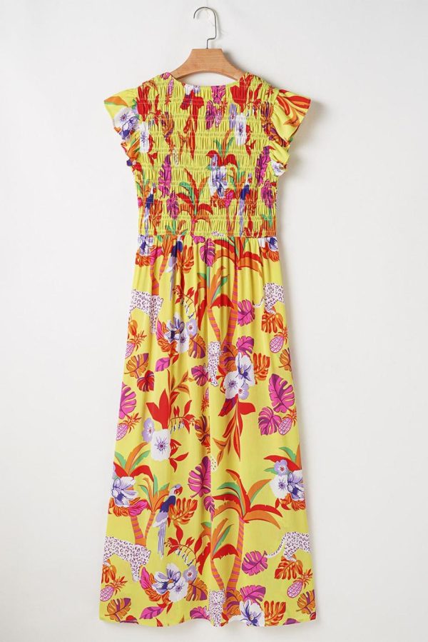 Maxi Dresses | Women Yellow Cheetah Tropical Print Shirred Button V Neck Maxi Dress - Image 3