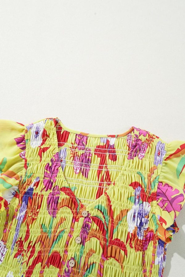 Maxi Dresses | Women Yellow Cheetah Tropical Print Shirred Button V Neck Maxi Dress - Image 4