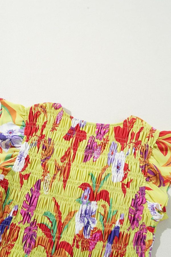 Maxi Dresses | Women Yellow Cheetah Tropical Print Shirred Button V Neck Maxi Dress - Image 5