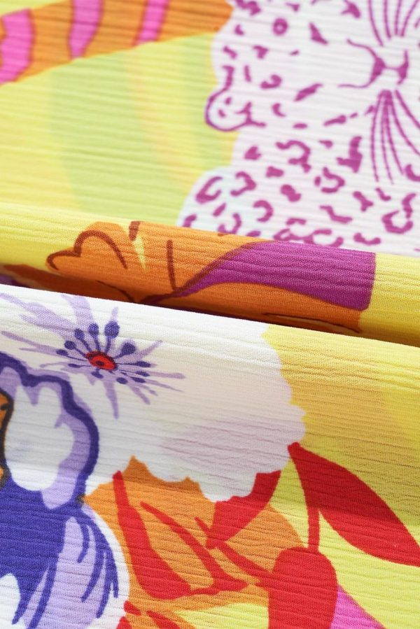 Maxi Dresses | Women Yellow Cheetah Tropical Print Shirred Button V Neck Maxi Dress - Image 7