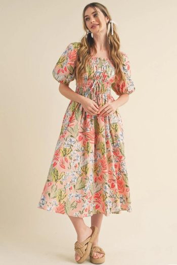 Midi Dresses | Women Apricot Pink Floral Knot Front Smocked Bubble Sleeve Dress