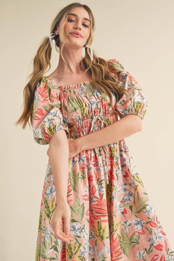 Midi Dresses | Women Apricot Pink Floral Knot Front Smocked Bubble Sleeve Dress - Image 2