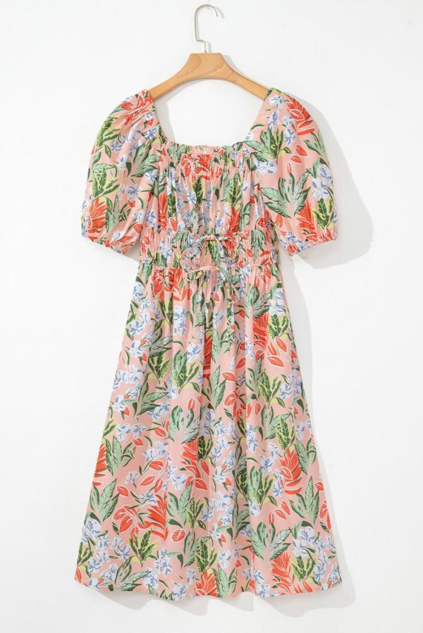 Midi Dresses | Women Apricot Pink Floral Knot Front Smocked Bubble Sleeve Dress - Image 3