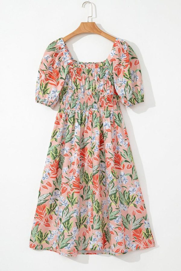 Midi Dresses | Women Apricot Pink Floral Knot Front Smocked Bubble Sleeve Dress - Image 4