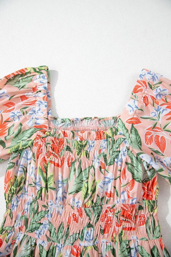 Midi Dresses | Women Apricot Pink Floral Knot Front Smocked Bubble Sleeve Dress - Image 5