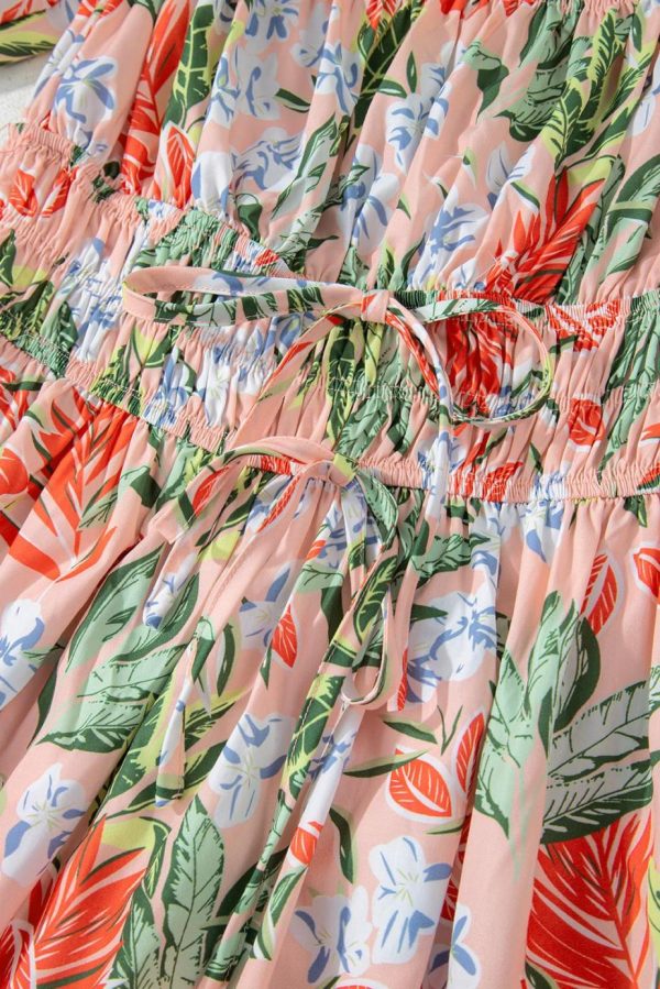 Midi Dresses | Women Apricot Pink Floral Knot Front Smocked Bubble Sleeve Dress - Image 6