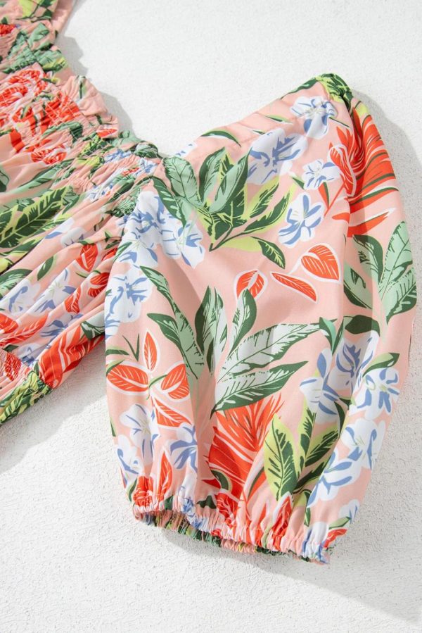 Midi Dresses | Women Apricot Pink Floral Knot Front Smocked Bubble Sleeve Dress - Image 7