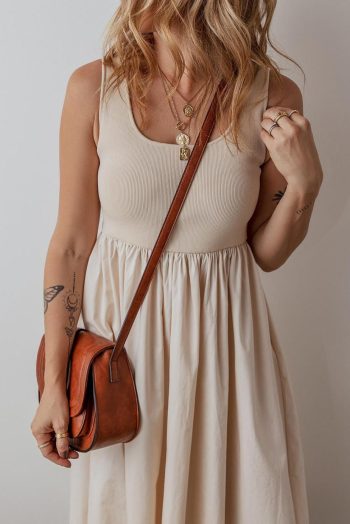 Midi Dresses | Women Beige Scoop Neck Ribbed Pleated Sleeveless Midi Dress