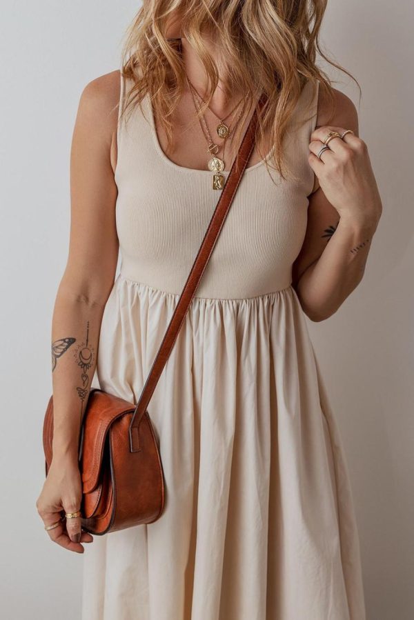 Midi Dresses | Women Beige Scoop Neck Ribbed Pleated Sleeveless Midi Dress