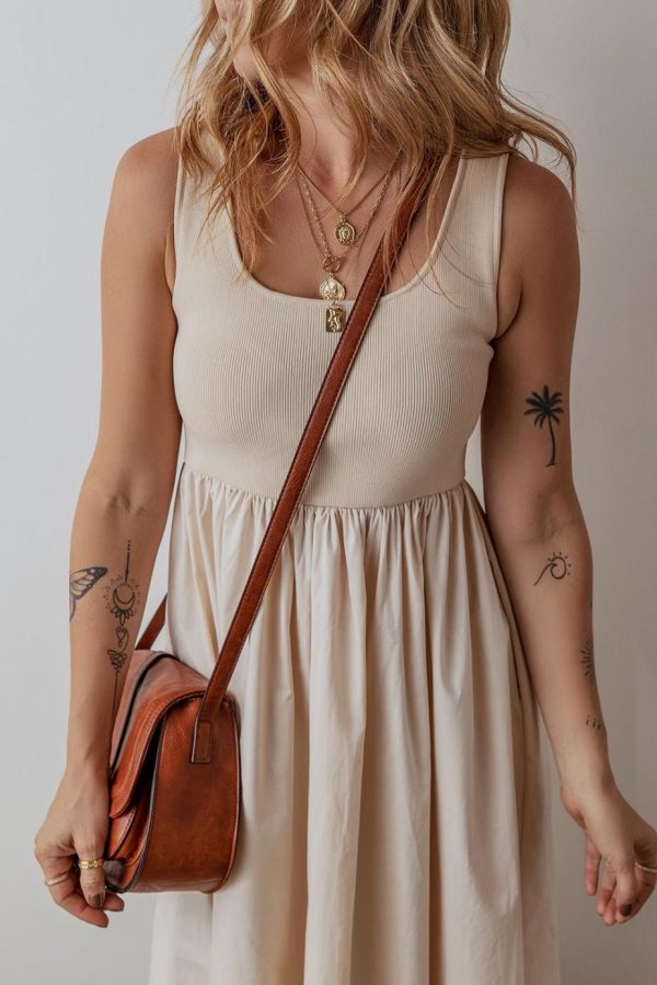 Midi Dresses | Women Beige Scoop Neck Ribbed Pleated Sleeveless Midi Dress - Image 2