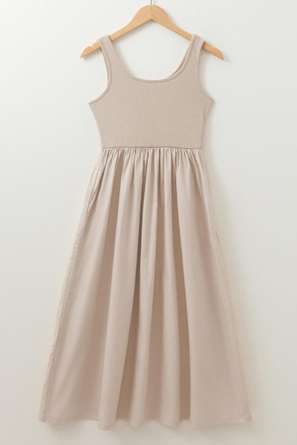 Midi Dresses | Women Beige Scoop Neck Ribbed Pleated Sleeveless Midi Dress - Image 3
