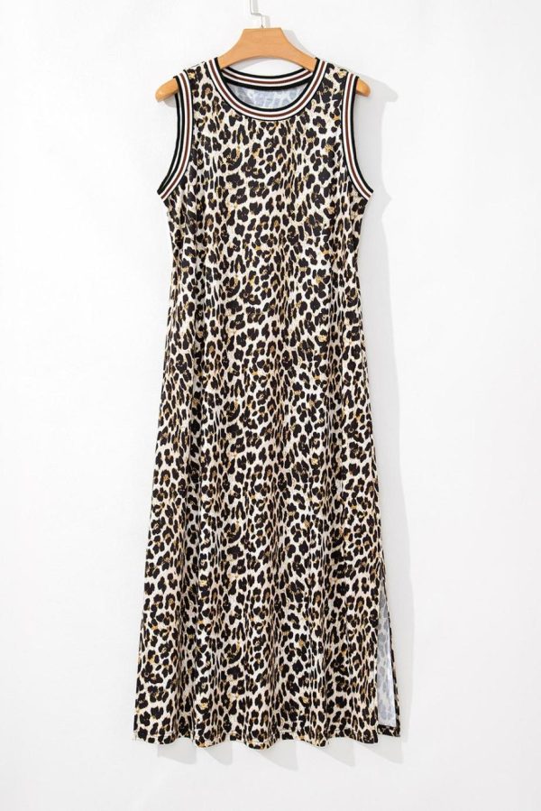 Midi Dresses | Women Black Contrast Striped Trim Leopard Sleeveless Midi Dress - Image 6