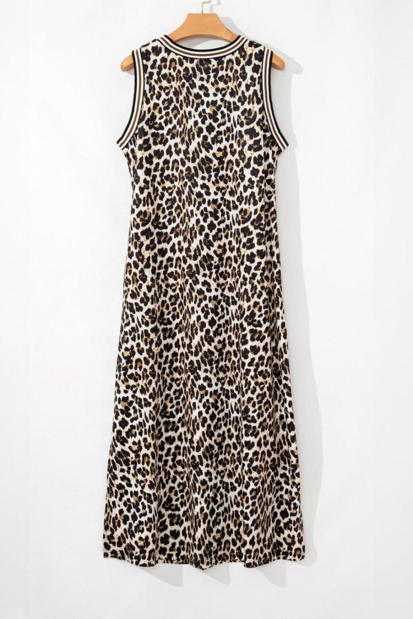 Midi Dresses | Women Black Contrast Striped Trim Leopard Sleeveless Midi Dress - Image 7