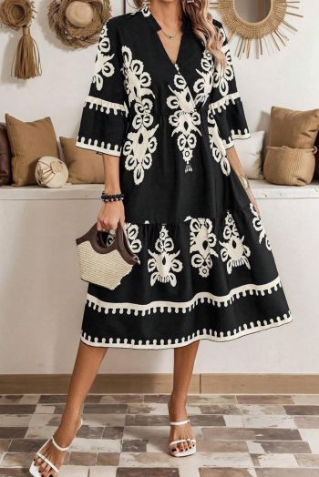 Midi Dresses | Women Black Ethnic Print 3/4 Sleeve Loose Midi Dress