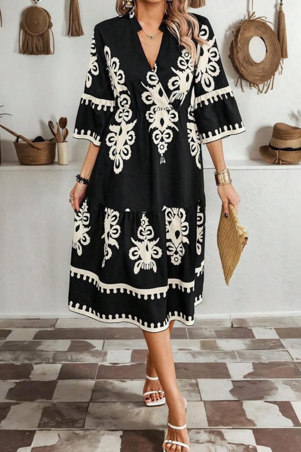 Midi Dresses | Women Black Ethnic Print 3/4 Sleeve Loose Midi Dress - Image 2