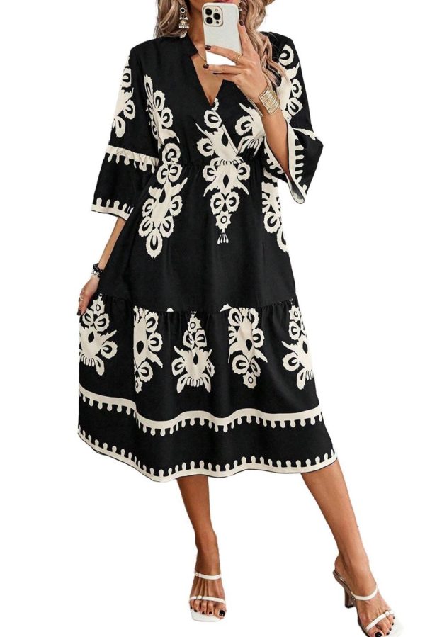 Midi Dresses | Women Black Ethnic Print 3/4 Sleeve Loose Midi Dress - Image 3