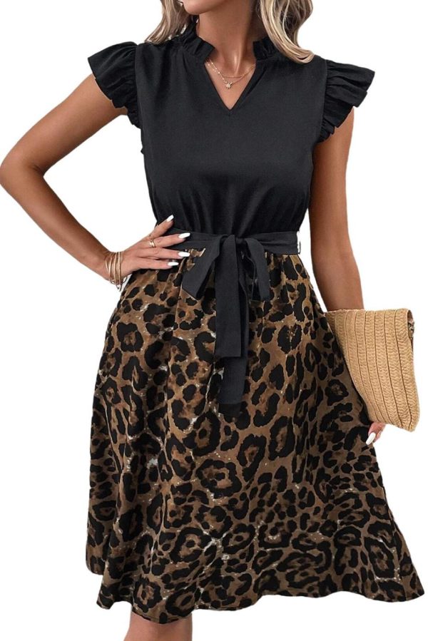 Midi Dresses | Women Black Leopard Print Flutter Sleeve Bow Belted Dress - Image 3