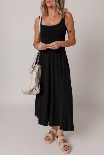 Midi Dresses | Women Black Sleeveless Scoop Neck Flared Split Midi Dress