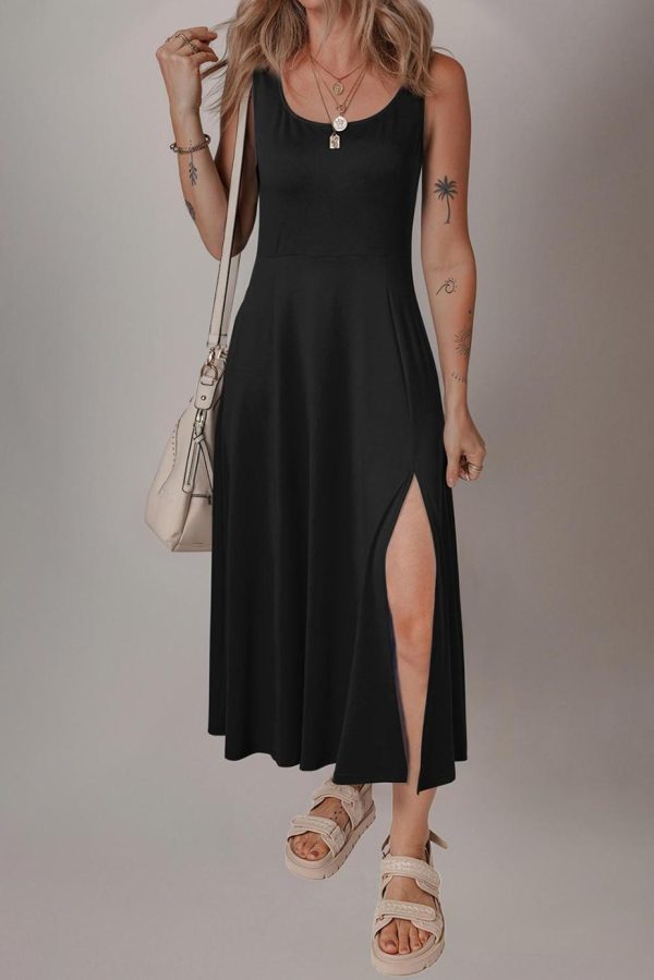 Midi Dresses | Women Black Sleeveless Scoop Neck Flared Split Midi Dress - Image 4