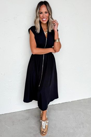 Midi Dresses | Women Black Sleeveless Zipped Front V Neck Shirred Waist Midi Dress
