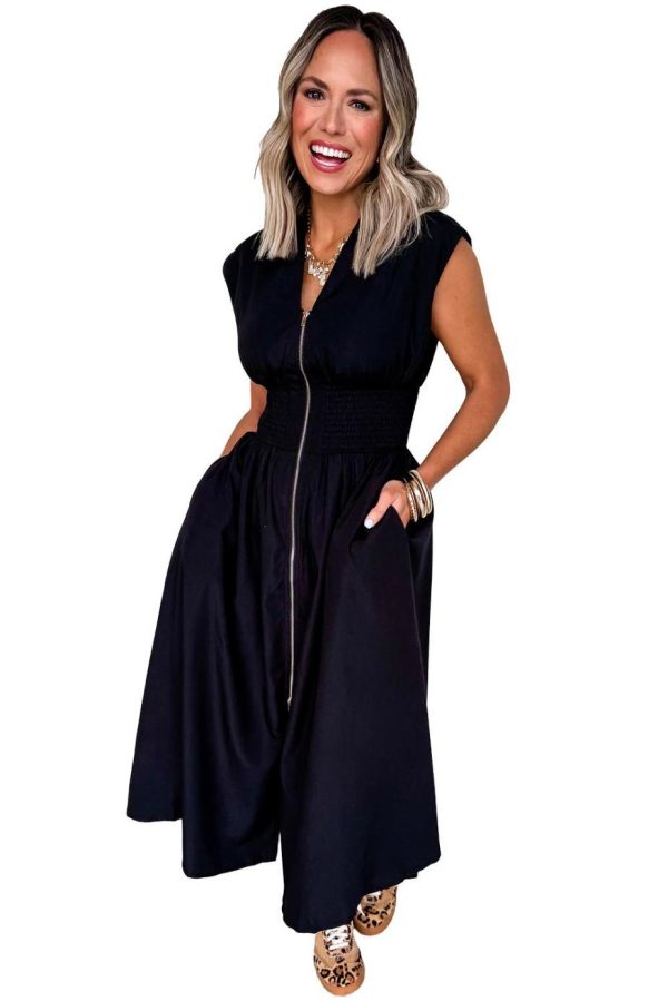 Midi Dresses | Women Black Sleeveless Zipped Front V Neck Shirred Waist Midi Dress - Image 4