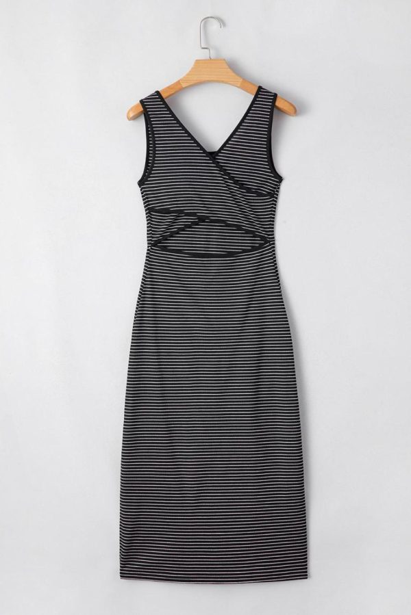 Midi Dresses | Women Black Striped Criss Cross Back Side Slits Slim Fit Sleeveless Dress - Image 2