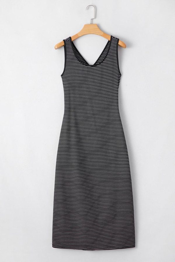 Midi Dresses | Women Black Striped Criss Cross Back Side Slits Slim Fit Sleeveless Dress - Image 3