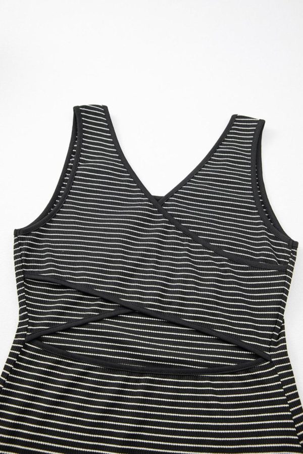 Midi Dresses | Women Black Striped Criss Cross Back Side Slits Slim Fit Sleeveless Dress - Image 5