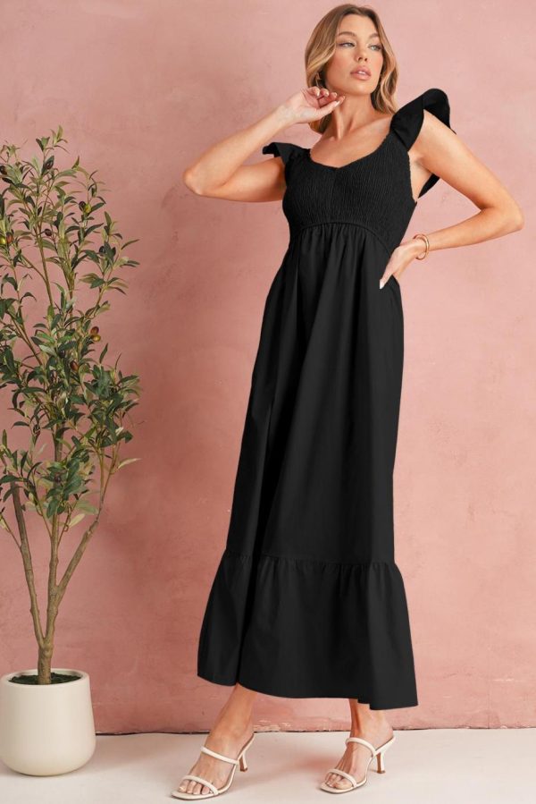 Midi Dresses | Women Black V Neck Flutter Sleeve Smocked Bodice High Waist Ruffle Maxi Dress