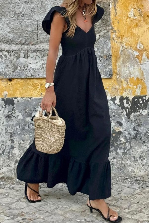 Midi Dresses | Women Black V Neck Flutter Sleeve Smocked Bodice High Waist Ruffle Maxi Dress - Image 2