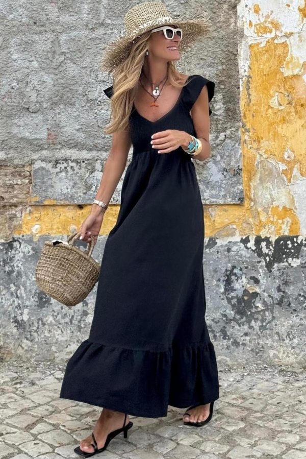 Midi Dresses | Women Black V Neck Flutter Sleeve Smocked Bodice High Waist Ruffle Maxi Dress - Image 3