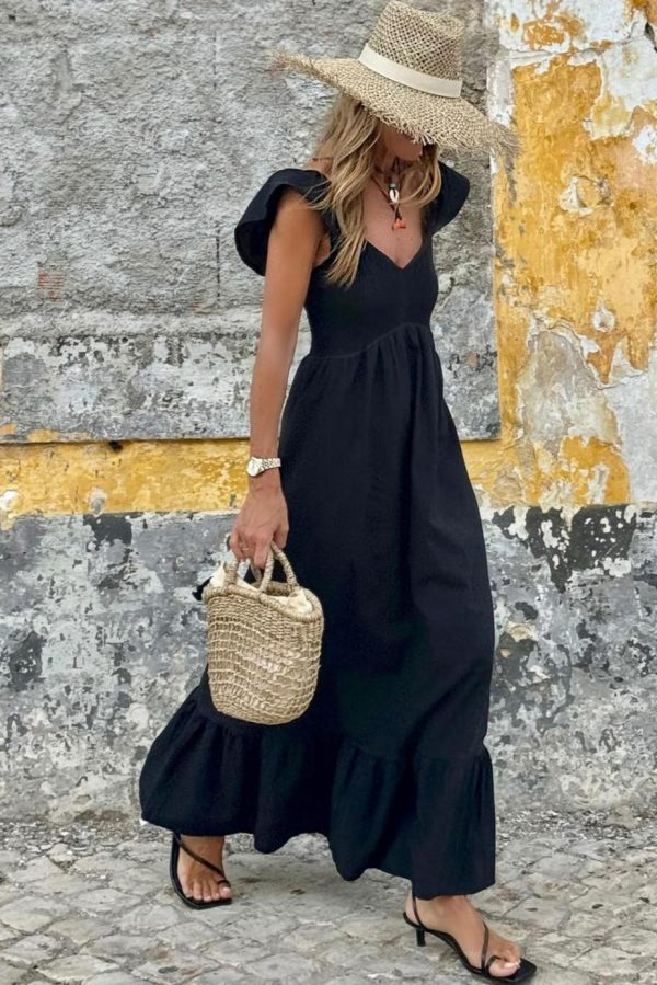 Midi Dresses | Women Black V Neck Flutter Sleeve Smocked Bodice High Waist Ruffle Maxi Dress - Image 4