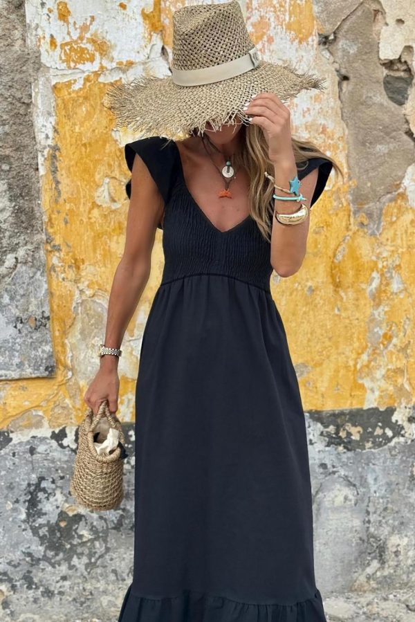 Midi Dresses | Women Black V Neck Flutter Sleeve Smocked Bodice High Waist Ruffle Maxi Dress - Image 5